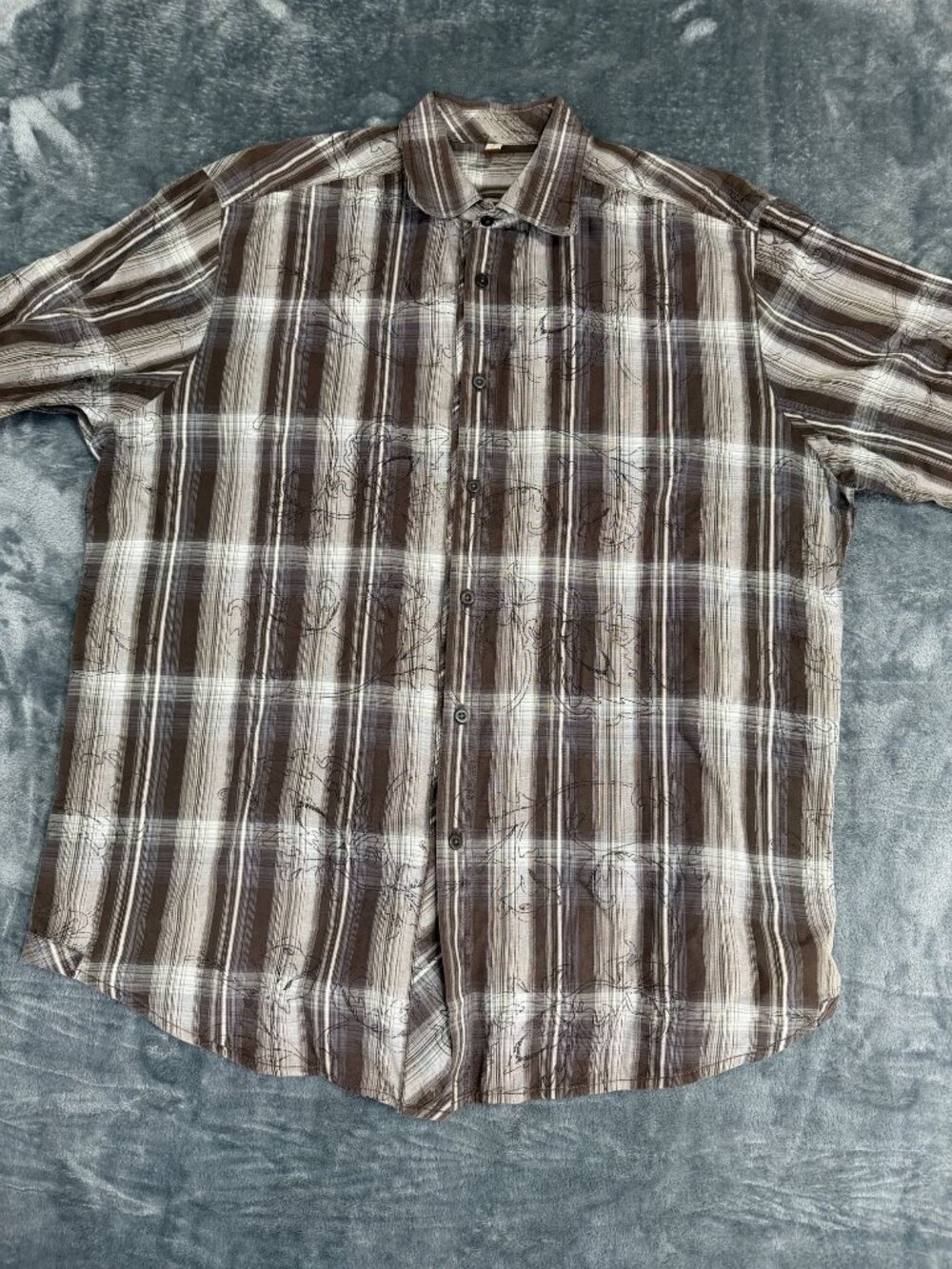Transcript Mens Brown & White Plaid Floral Button-Up Shirt XL